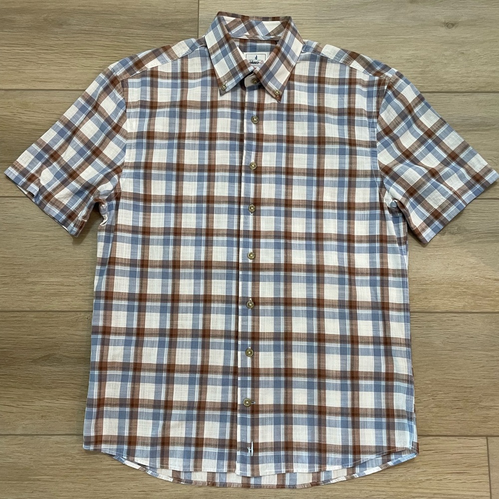 johnnie-O Short-Sleeve Plaid Button-Down Shirt White, Brown & Blue small NWT